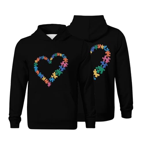 Kids Retro Autism Awareness Love Heart Puzzle Piece Vintage Boys Girls Lightweight Kangaroo Pocket Hoodies