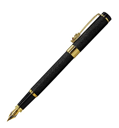 Black Frosted Fountain Pen, Gilded Medium Nib, Design with Ink Refill Converter and Gift Case (Black)