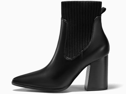 Coutgo Women Ankle Boots Sock Booties Pointed Toe Chunky Stacked High Heel Knit Chelsea Winter Dress Booties3