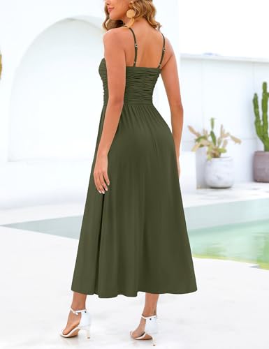 Image of Annebouti Women 2026 Summer Spring Ruched Maxi Dress Adjustable Spaghetti Strap Floral Beach Long Sundress with Pockets
