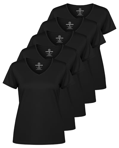Image of Real Essentials 5 Pack: Women's Dry-Fit Short Sleeve V Neck T Shirt Workout Fitness Yoga Top Tee (Available in Plus Size)
