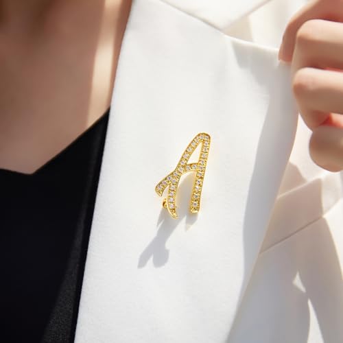 Image of Cicy Bell A-Z Initial 26 Letter Brooch Pins 18k Gold Plated Cubic Zirconia Breastpin Name Personalized Gifts for Women Men