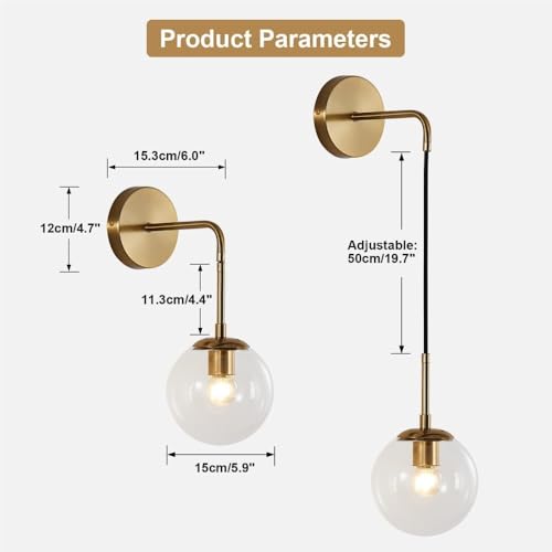 Apliques de pared de latón dorado y vidrio esmerilado, pack de 2 luces LED sofisticadas 3
