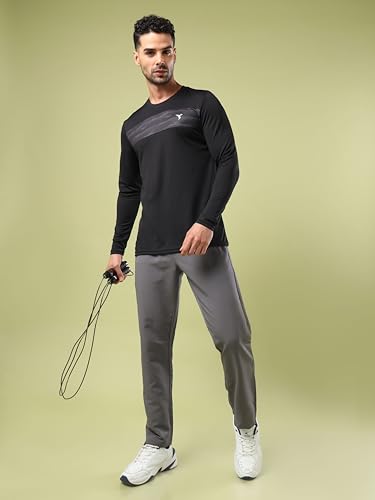 Image of TECHNOSPORT Men Polyester Self Design Chest Print Slim Fit Long Sleeve T-Shirt for Gym, Workout and Regular Use with SPF50+