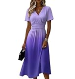 Robe Femme Chic Et Elegant Robe D Été Femme Robes Courte À Manches Courtes À Col V Dégradé Pour Femmes Robes Midi Floue Às Bretelles Bohème Élégante Casual Taille Marquée Pour Plage(01Purple Pink,3XL)