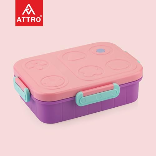 Image of ATTRO TicTac Plastic Lunch Box - 3 Compartment Bento Tiffin, Leak-Proof & Durable, Ideal for Kids, School, Picnic- 1200ml+80ml, Pink Purple