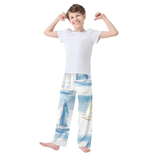 ZZXXB Sailboat Watercolor Print Boys Long Pants Soft Trousers Elastic Waist Kids Lounge Bottoms with Pockets S-XL3