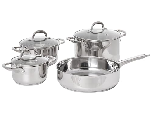 Batería de cocina de 7 piezas 3 ollas y 1 sartén de acero inoxidable con tapas plateado Primecook