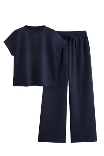 Image of PRETTYGARDEN 2 Piece Outfits For Women Casual Tracksuit Short Sleeve Tops And Wide Leg Long Pants Matching Lounge Sets