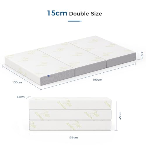 Inofia Folding Mattress Double, 15cm Foldable Memory Foam Mattress with Removable Cover, Guest Trifold Mattress Double Size, Bed in a Box, 100-Night Trial(135x190x15cm)