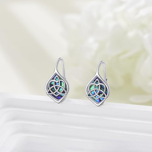 Celtic Trinity Knot Earrings for Women 925 Sterling Silver Triquetra Knot Leverback Abalone Shell Irish Jewelry Tree of Life Gift4
