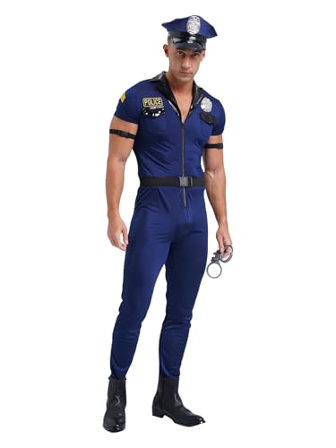 YONGHS Police Costume for Men Cop Uniforms Outfit Halloween Police Officer Cosplay Costume 7 Piece Clothes Set Blue Medium