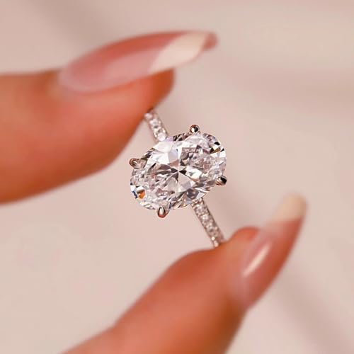 Travel Engagement Rings for Women Fake Engagement Ring Oval Solitaire Moissanite Engagement Ring Halo Cubic Zirconia Wedding Bands for Promise Ring Silver Plated CZ Wedding Rings for Bridal Jewelry Accessories(Size 9)4