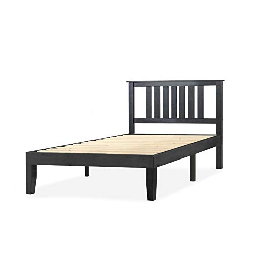 Mellow Marley 14 Inch Solid Wood Platform Bed with Paneled Headboard, Ebony Black, Twin