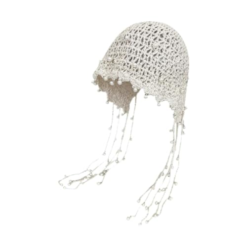 Bonnet tricoté artisanal en maille ajourée pour femme avec pompons chic