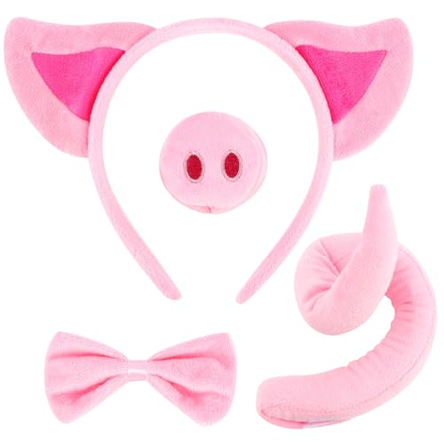 MZinge 4-teiliges rosa Schweine-Kostüm-Set: Ohren Nase Fliege und Schwanz für Halloween Tier-Kostümparty und Kostümpartys