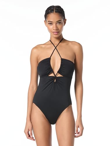 Michael Kors Swimwear Women's Solid Laced Keyhole Halter One Piece, Black, 4