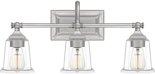 Quoizel Nicholas Vanity Lights, 22 Inch 3-Light Brushed Nickel Bathroom Lighting Fixtures Over Mirror, 100W, Clear Glass, Mid-Century Wall Mount Light for Bathrooms, Kitchen or Hallway