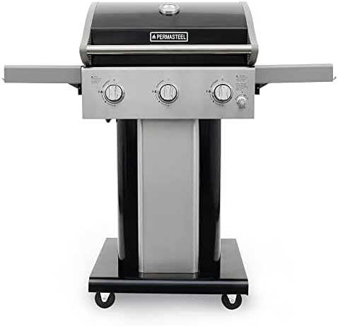 Permasteel 3-Burner Gas Grill | Cast Iron Cooking Grates, Grilling Tools Holder, Foldable Sides, PG-A40301-BK, Pedestal Style, 30000 Total BTUs - Black