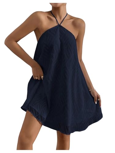 Image of MakeMeChic Women's Halter Dress Summer White Beach Mini Backless Flowy Short Dress