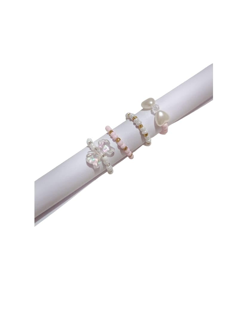 Handmade Pearl Beaded Ring Set, 4 Pieces, Adjustable Size, Butterfly Design, Pink and White-image-16