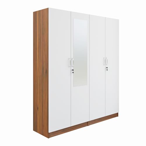 Image of VIKI Wardrobe |Wooden Almirah for 4 Door Fully Shelves Mirror Wardrobe (Walnut |White - 40D x 160W x 180.8H) | 1 Year Warranty | Free Assembly