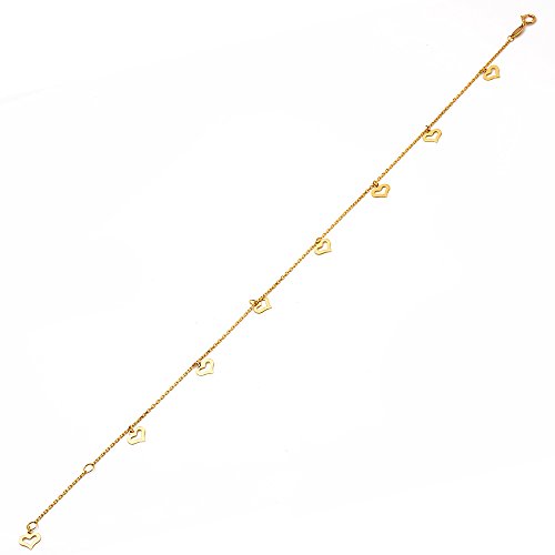 Lovebling 10K Yellow Gold .50Mm Diamond Cut Rolo Chain With 8 Heart Pendants Anklet Adjustable 9" To 10" (#12) #TOP1