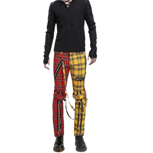 Prime Quality Men Bondage Straps Punk Split Leg Plaid Jeans Pant