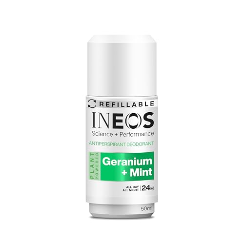 INEOS Skin Science - All Day + All Night 24H Freshness + Protection Antipersprirant Deodorant Roll On Geranium + Mint - With SkinActiv Cooling Tech™ - Plant Powered 50ml