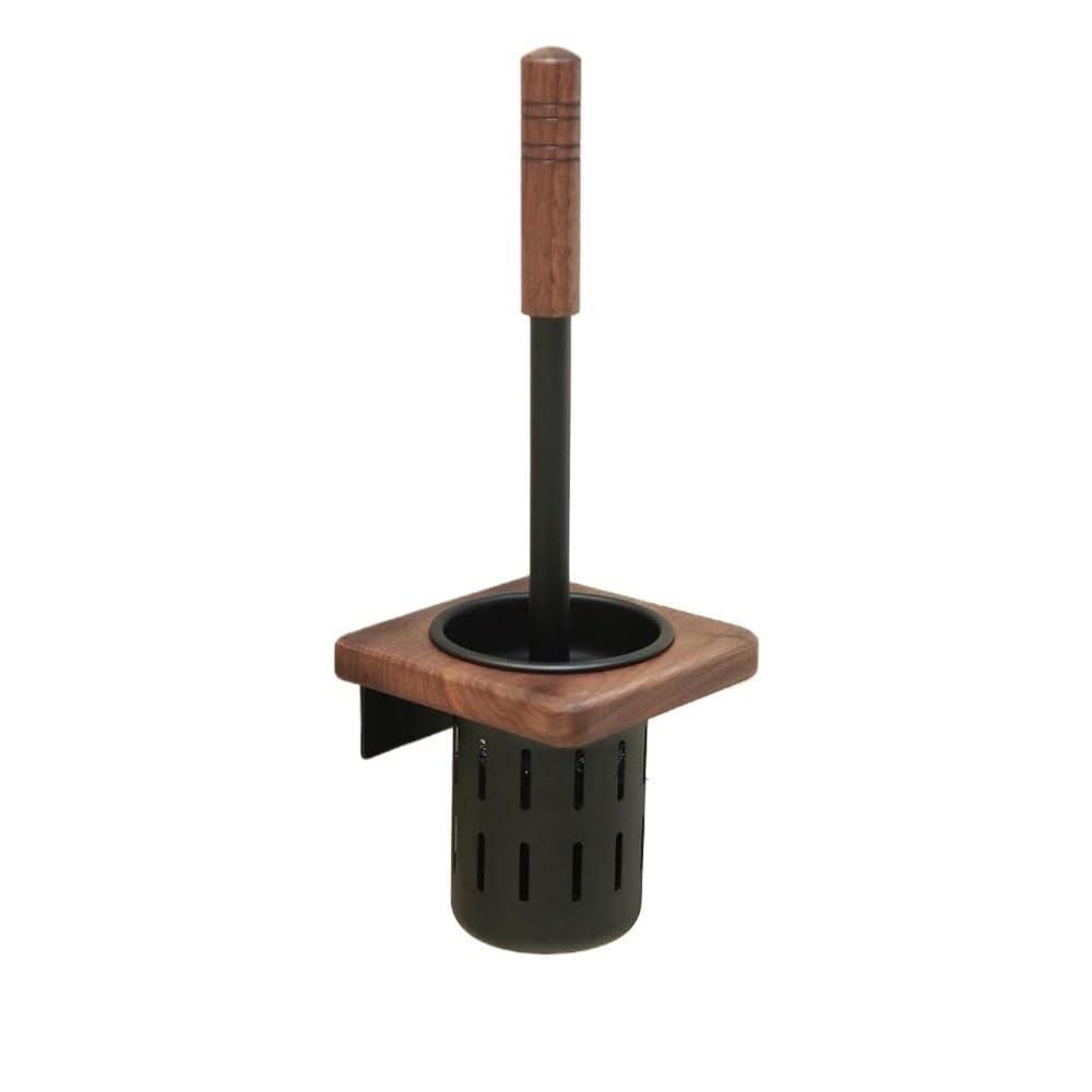 Scrubber Toolet Wall Mounted Aluminium and Wood Toilet Brush Holder Set with Drainage Base Bathroom Deep Clean