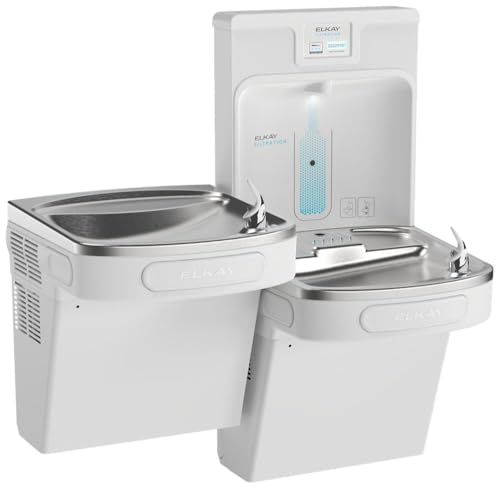Image of Elkay LZSTL8WSAP Enhanced Filtered Bottle Filler & Bi-Level ADA Cooler Refrigerated Arctic White High Capacity Lead Reducing Drop Down Wrapper | Bi-level, NSF Certified, Reduces Lead & Microplastics, ADA Compliant, Arctic White, Refrigerated