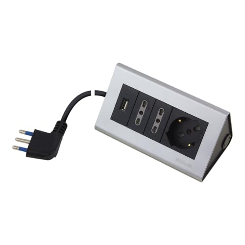 POLY POOL - PP2594.2 Ciabatta Multipresa da Scrivania - Multipresa Elettrica 2 Prese Bivalenti, 1 presa USB e 1 Presa Schuko - Ciabatta Elettrica Cavo 2 m