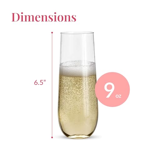 Prestee 12 Stemless Plastic Champagne Flutes - 9 Oz Disposable Glasses for Mimosas, Cocktails, Shatterproof Party Drinkware, Clear Champagne Flute Set for Weddings, New Year’s Eve, and Events