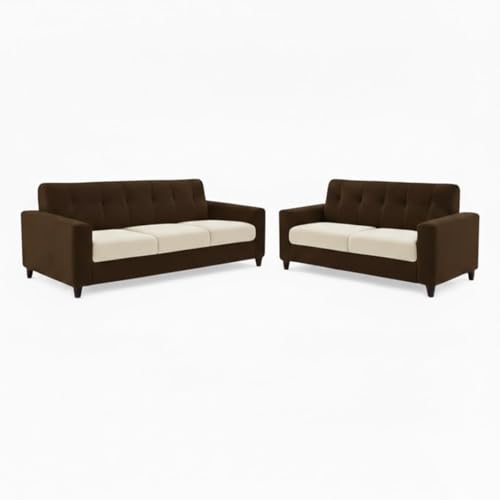 Image of Homeboy Luxe Velvet-Suede Fabric 3 + 2 Seater with Ottoman Dual Tone Sofa Set | Comfortable & Spacious Seating for Upto 6 Person | Modern Sofa Set for Living Room - Dark Brown & Cream