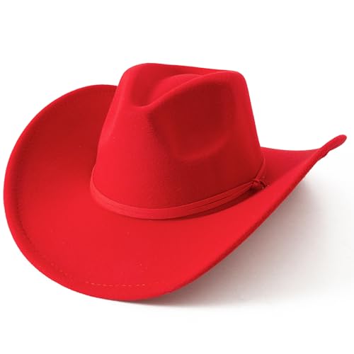 Image of Lanzom Women Men Retro Felt Wide Brim Western Cowboy Cowgirl Hat Dress Up Hat with Wind Lanyard