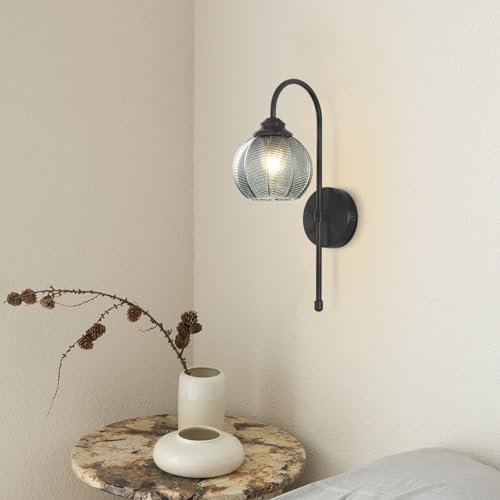 Image of KCO Lighting Modern Glass Globe Wall Sconce Smoke Gray Glass Vanity Light Long Black Wall Sconces Set of Two Industrial Mid Century Wall Sconce Bedroom Wall Lamps Hardwired
