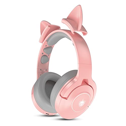 Auriculares Gaming, PHOINIKAS Cascos Bluetooth, Cable Inalámbricos 2 en 1, para Xbox One, PS4, PS5, PC, Micrófono Desmontable, Orejas de Gato Lindo Rosa, Luz LED