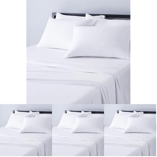 Image of Amazon Basics 4 Piece Bed Sheet Set,100% Cotton Jersey,Includes Super Soft,Flat and Fitted Sheets,Pillowcase,King,White,Solid,(Pack of 4)