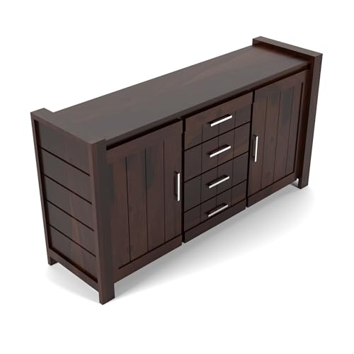 Image of Solid Sheesham Wood Wooden Sideboard Storage Cabinet & Chest of Drawer : Ideal for Living Room and Bedroom with 4 Drawers and 4-Shelf Storage (Chevalier, Walnut Finish)