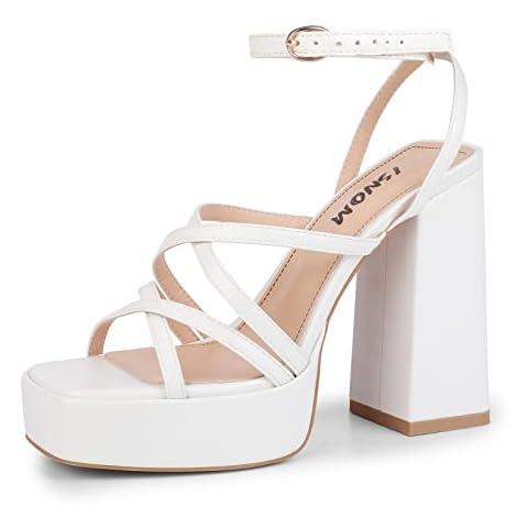 ISNOM Platform Heels for Women White Platform Heels Women's Strappy Platform Chuncky Heels Sandals Comfortable Heels for Women Girls White Dress Sandals Cover