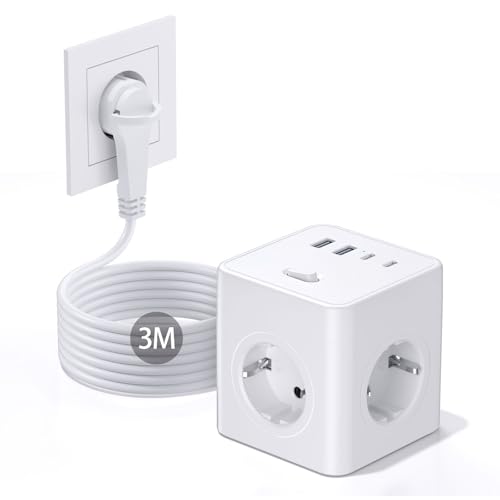 Cube Multiprise 8-en-1 avec Interrupteur, 4 Prises avec 2 USB-A et 2 USB-C, multiprise Power Cube avec Anneau de Traction, câble de 3m pour la Maison/Le...