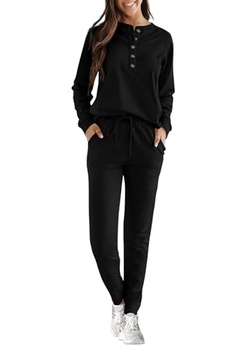 KIRUNDO Womens Sweatsuits 2 Piece Set 2025 Fall Winter Button Henley Sweatshirt Drawstring Pants Lounge Sets with Pockets