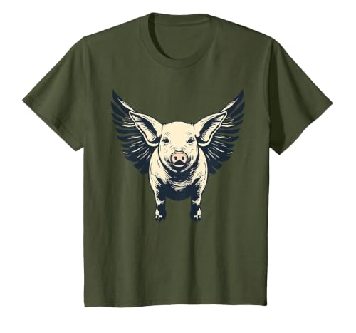 Flying Pig with Wings Fly Pig Lovers T-Shirt, Youth, Olive Green, Small