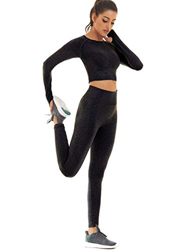 Toplook Women Seamless Workout Outfits Athletic Set Leggings + Long Sleeve Top (Black, Small)