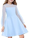 Flypigs Girl's Mesh Dress Long Sleeve High Waist Princess Birthday Party Blue Tween Sundress for 7-8 Years