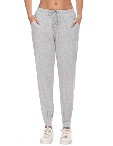 Hawiton Women Active Pants Drawstring Yoga Jogger Workout Sportwear Sweatpants with Pockets (All-Light Grey, L)