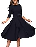 Women's Elegance Audrey Hepburn Style Ruched Dress Round Neck 3/4 Sleeve Swing Midi A-line Dresses...