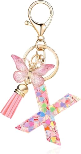 Image of GEOCARTER Lightweight Fashion Initial Letter Key Ring with Butterfly Pendant & Tassel, Stylish Purse Charm for Handbags, Car Keys, Gifts for Girls & Women