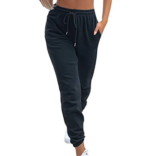 Women's Active Sweatpants Drawstring Jogger Sweat Pants Cinch Bottom Casual Workout Running Lounge Trousers Black