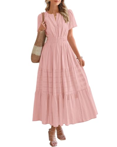 BTFBM Womens Summer 2026 Casual Midi Maxi Dresses Lightweight Short Sleeve V Neck Elastic Waist Boho Beach Dress Pockets(Bean Paste Pink, Large)